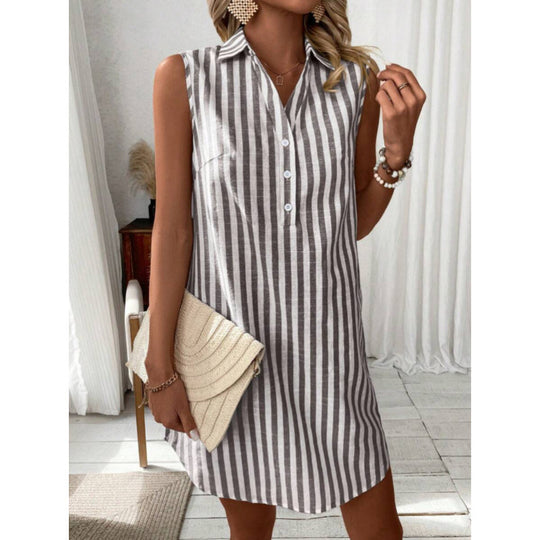 Damen lässiges Hemdkleid mit Knopfdetails und Streifenmuster EB