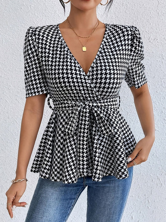 Damen Wickelbluse mit ausgefallenem Karomuster und tailliertem Design EB
