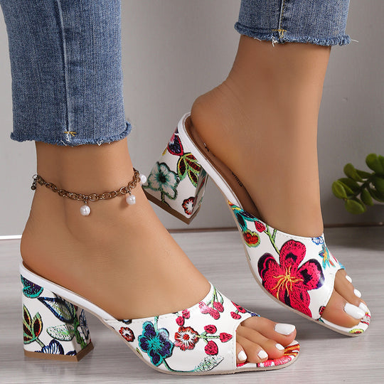 Damen Offene Mules mit floralem Design und komfortablem Blockabsatz EB