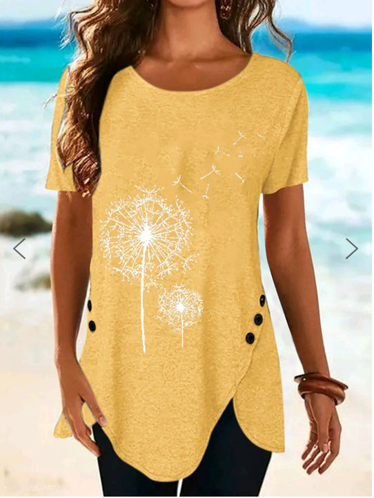 Damen Kurzarmshirt mit asymmetrischem Saum und Dandelion-Print EB