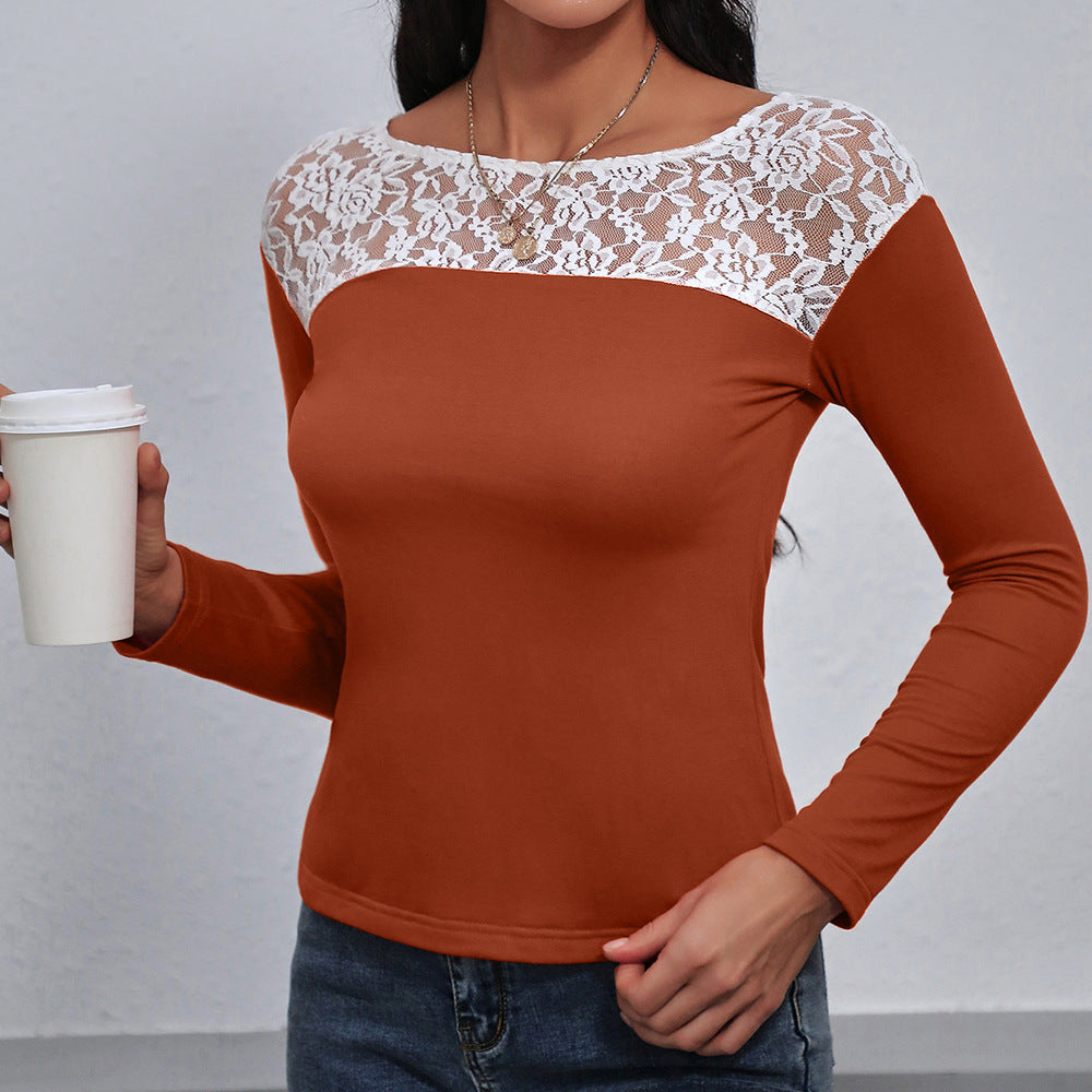 Damen elegantes Langarmshirt mit floralen Spitzendetails EB