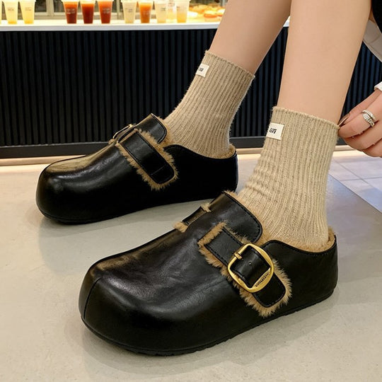Damen Clogs mit hochwertigem Fellfutter und modischem Schnallenverschluss EB