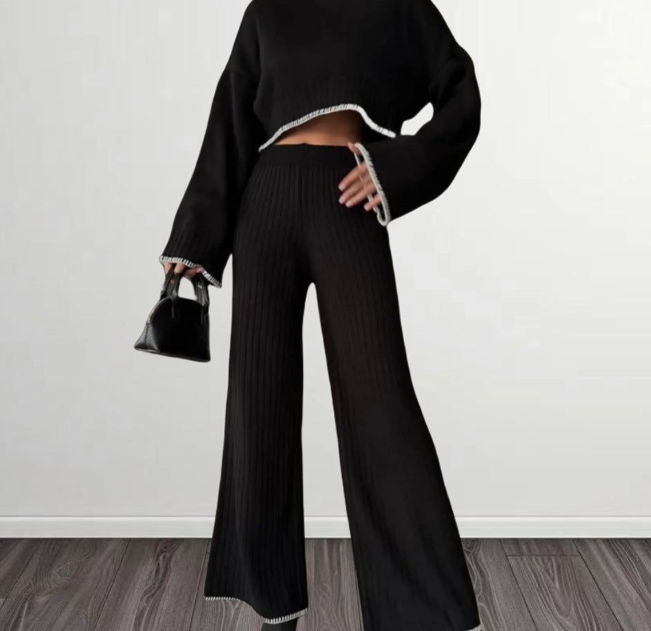 Damen elegantes Strickanzug mit weitem Bein und romantischen Ärmeln EB