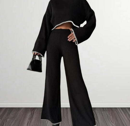 Damen elegantes Strickanzug mit weitem Bein und romantischen Ärmeln EB