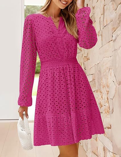 Damen luftiges Blusenkleid mit dekorativem Lochmuster und kräftigen Ärmel EB
