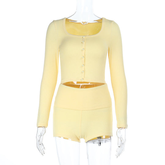 Damen Crop-Top und Shorts Set mit Knopfleiste und figurbetontem Design EB