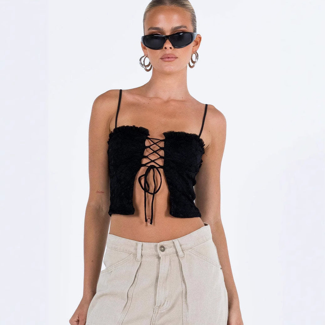 Damen Spitzen-Top mit Schnürung und Rüschendetail EB