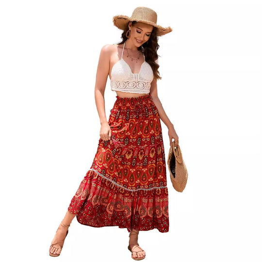 Damen Maxirock mit verspieltem Paisleymuster und Rüschendetails EB