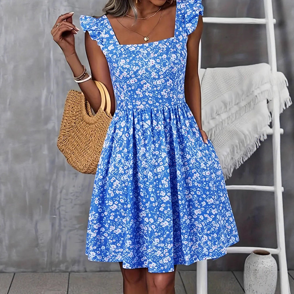 Damen Blumenkleid mit fließendem Rock und Rüschendetails EB