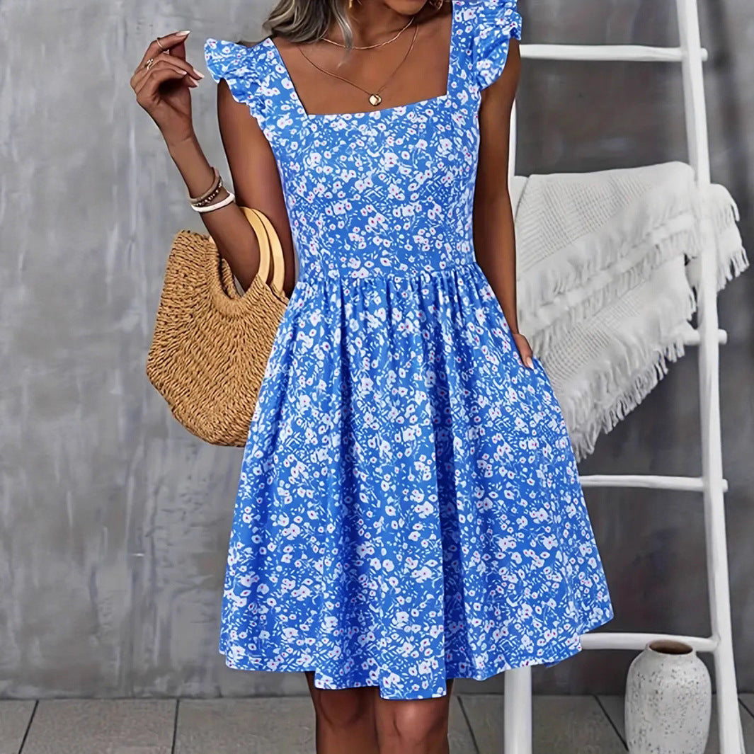 Damen Blumenkleid mit fließendem Rock und Rüschendetails EB