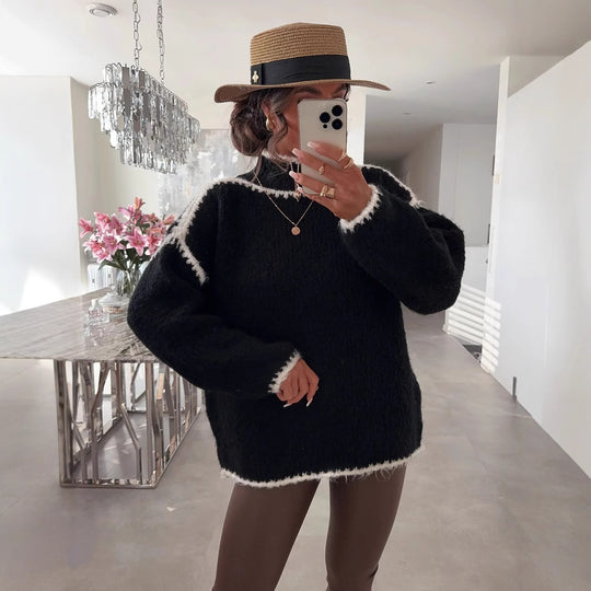 Damen modischer Pullover mit hohem Kragen und strukturiertem Strickdesign EB