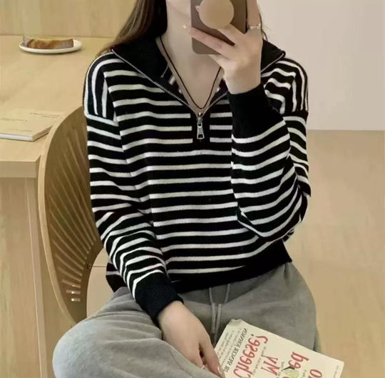 Damen Strickpullover mit kurzem Reißverschluss und modischem Streifenmuster EB