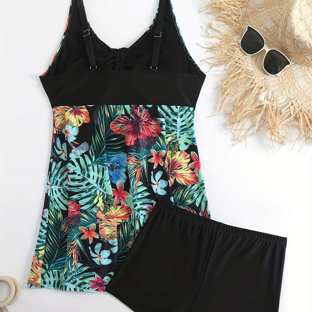 Damen Sportliches Badeanzug-Set mit floralem Seiteneinsatz EB