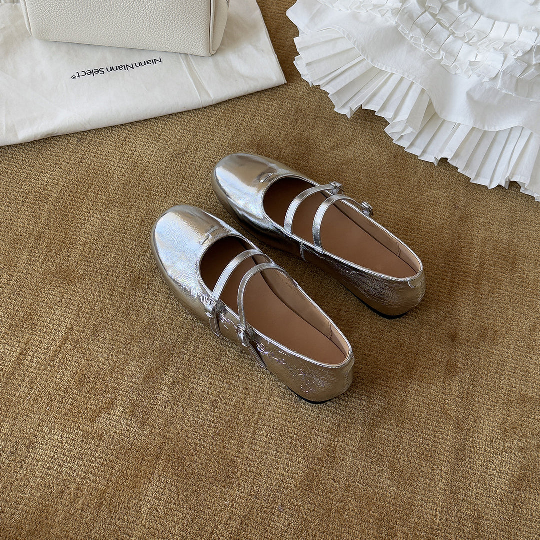 Damen Elegante Ballerinas mit doppeltem Riemchen aus hochwertigem Metallic-Leder EB