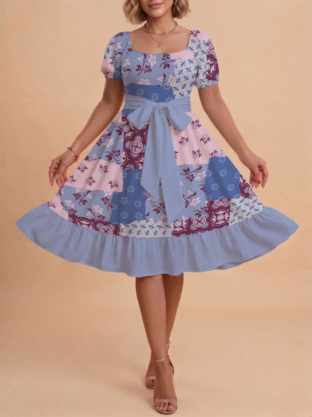 Damen Retro Maxikleid mit Puffärmeln und Taillengürtel EB