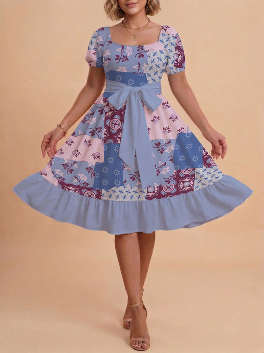 Damen Retro Maxikleid mit Puffärmeln und Taillengürtel EB
