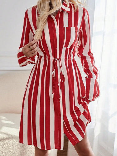 Damen Hemdblusenkleid mit taillierbarem Kordelzug und gestreiftem Design EB
