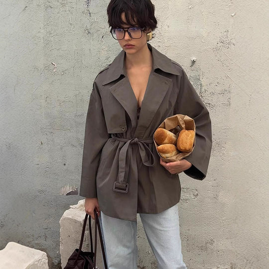 Damen modische Trenchcoat-Jacke mit abnehmbarem Gürtel und oversized Schnitt EB