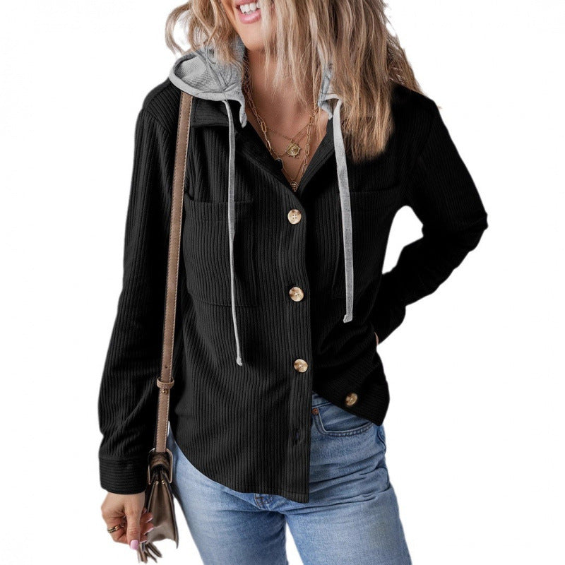 Damen lässige Hemdjacket mit Kapuze und seitlichen Taschen EB