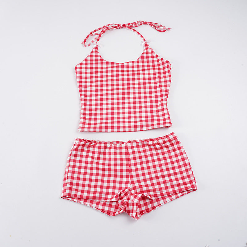 Damen Gingham Muster Badeanzug mit verstellbarem Halter EB