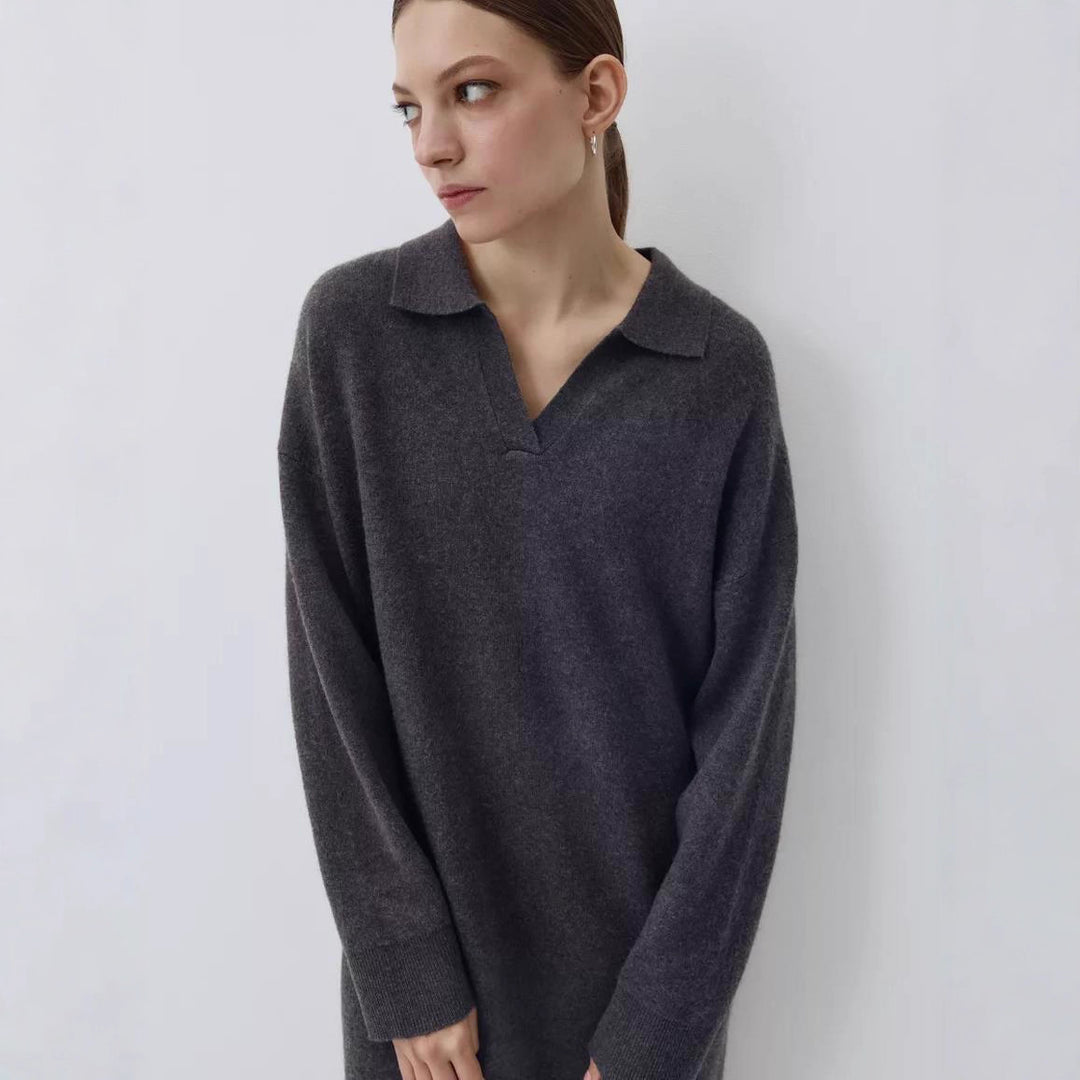 Damen Übergröße Strickkleid mit modernem Polokragen und langen Ärmeln EB