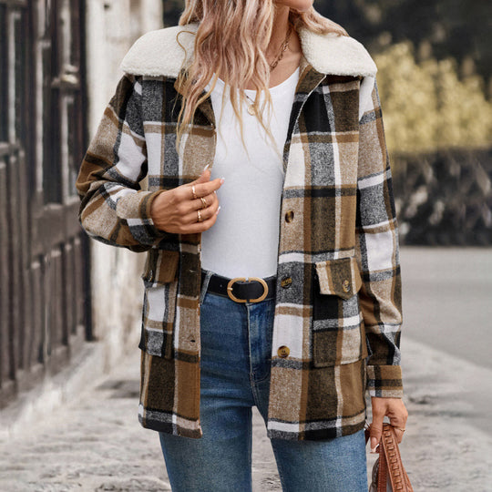Damen Karierte Flanelljacke mit sanftem Kragen EB