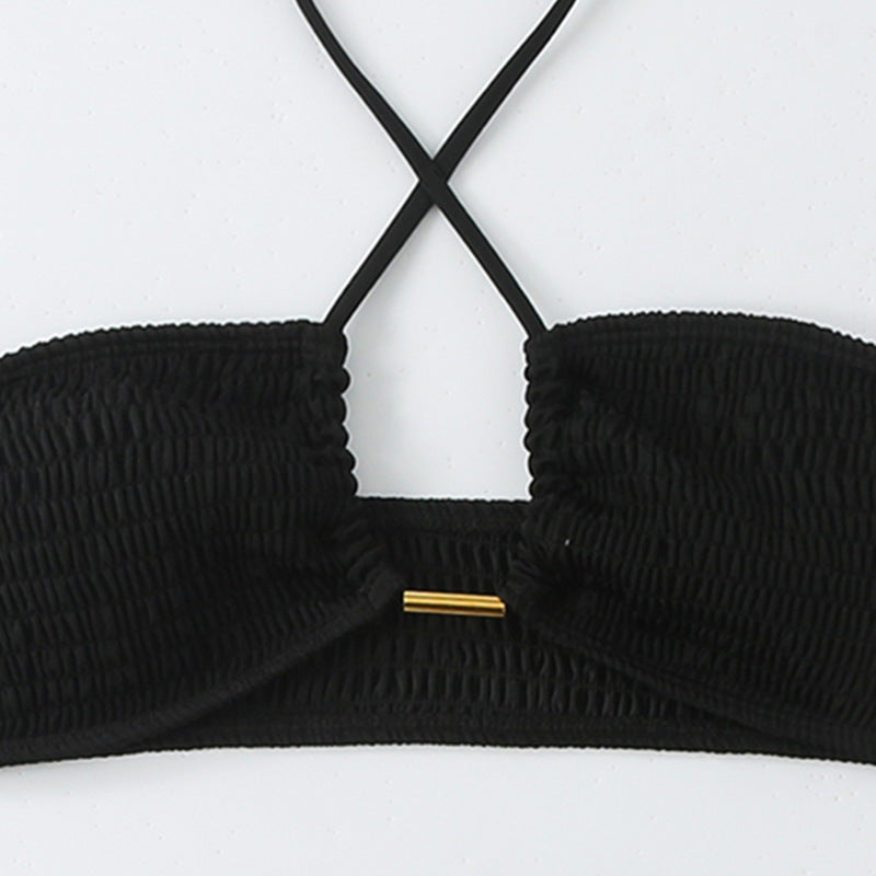 Damen Bikini-Set mit gerafftem Bandeau-Oberteil und hoch geschnittenen Höschen EB