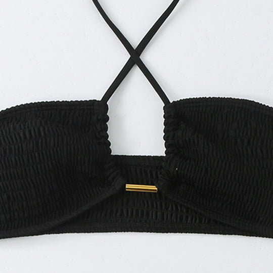 Damen Bikini-Set mit gerafftem Bandeau-Oberteil und hoch geschnittenen Höschen EB
