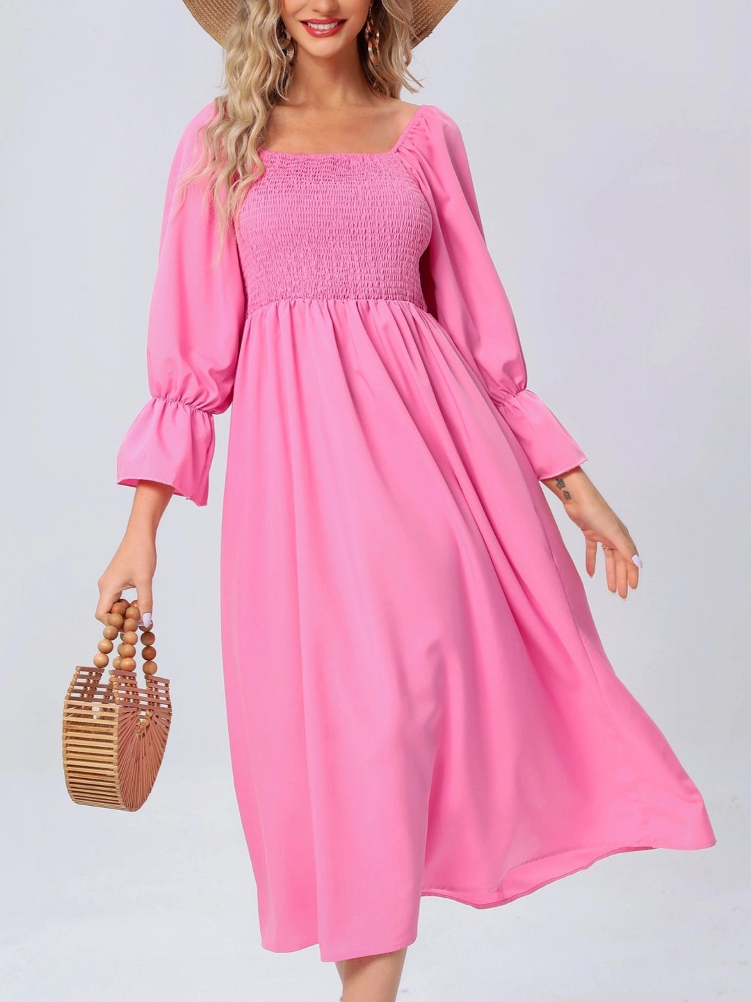 Damen Midikleid mit elastischen Puffärmeln und romantischem Taillenzug EB