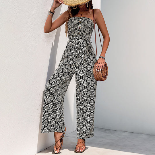Damen Alltagsjumpsuit mit elastischem Oberteil und modischem Muster EB