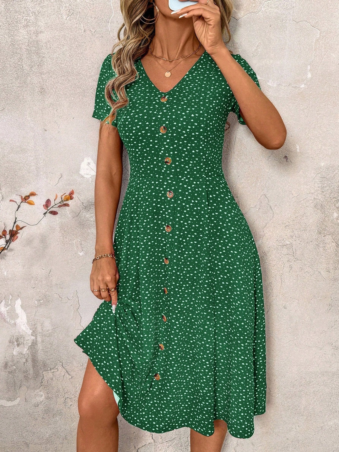 Damen Knielanges Kleid mit dekorativen Knöpfen und V-Ausschnitt EB