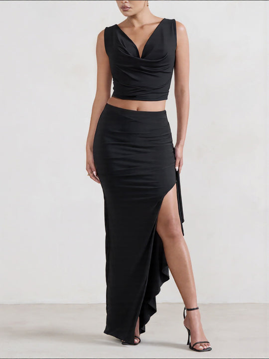 Damen Elegantes Crop-Top und Maxi-Rock Set mit hohem Schlitz EB