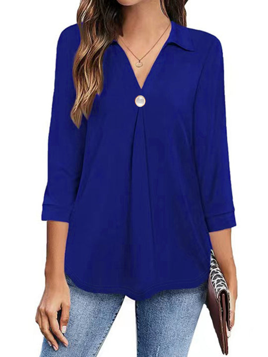 Damen Langarm Bluse mit elegantem V-Ausschnitt und dekorativen Falten EB