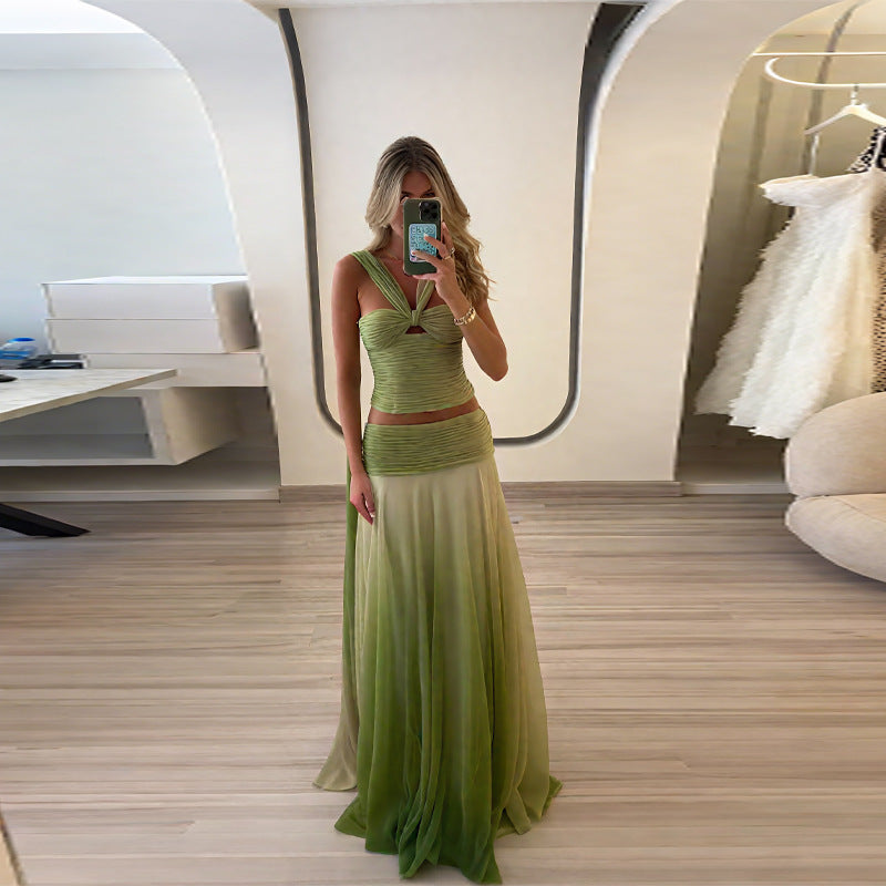 Damen schickes Maxikleid mit geflochtenem Oberteil und fließendem Rock EB