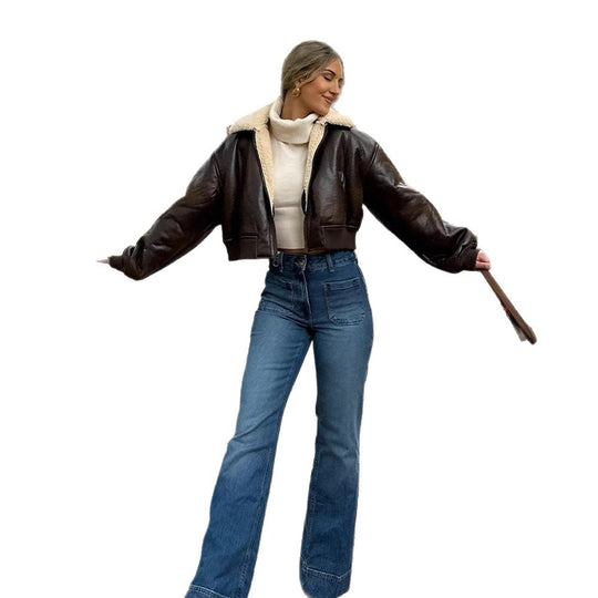 Damen cropped Kunstlederjacke mit Innenfutter aus Plüsch EB