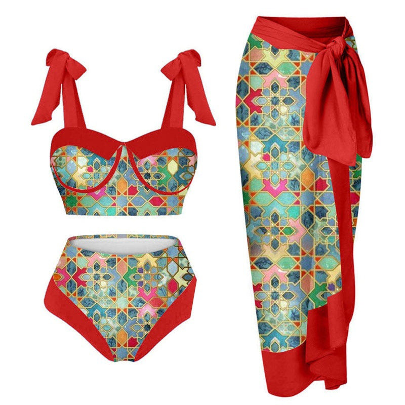 Damen Einteiler Badeanzug mit elegantem Wickelrock und modischen Riemen EB