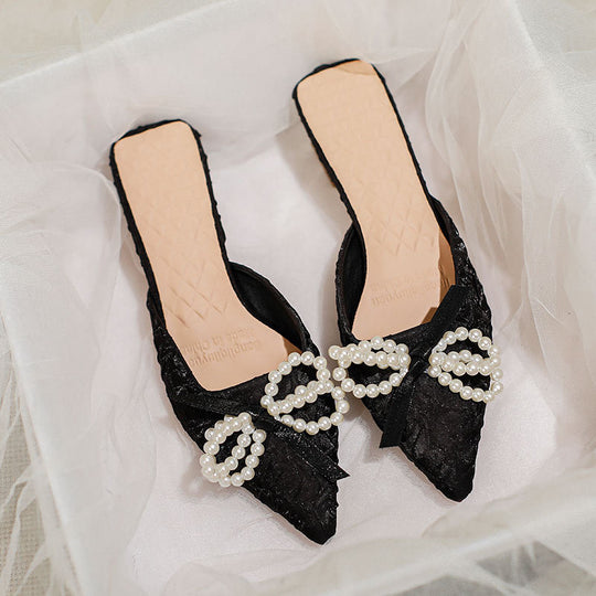 Damen elegante Mules mit perlenverziertem Schleifendetail EB