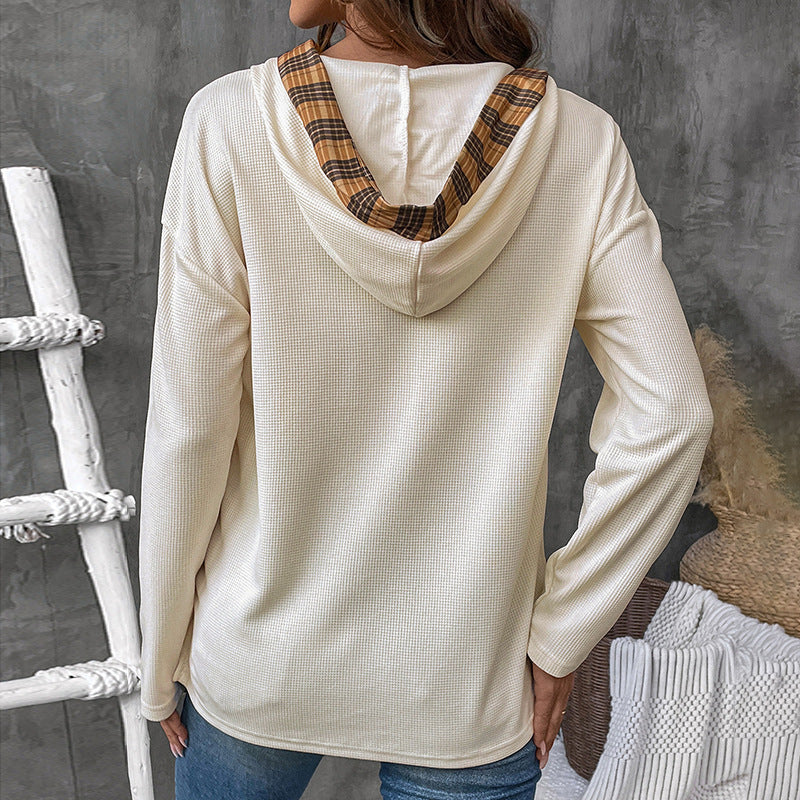 Damen Langarm Kapuzenpullover mit dekorativem Knopf- und Karodetail EB