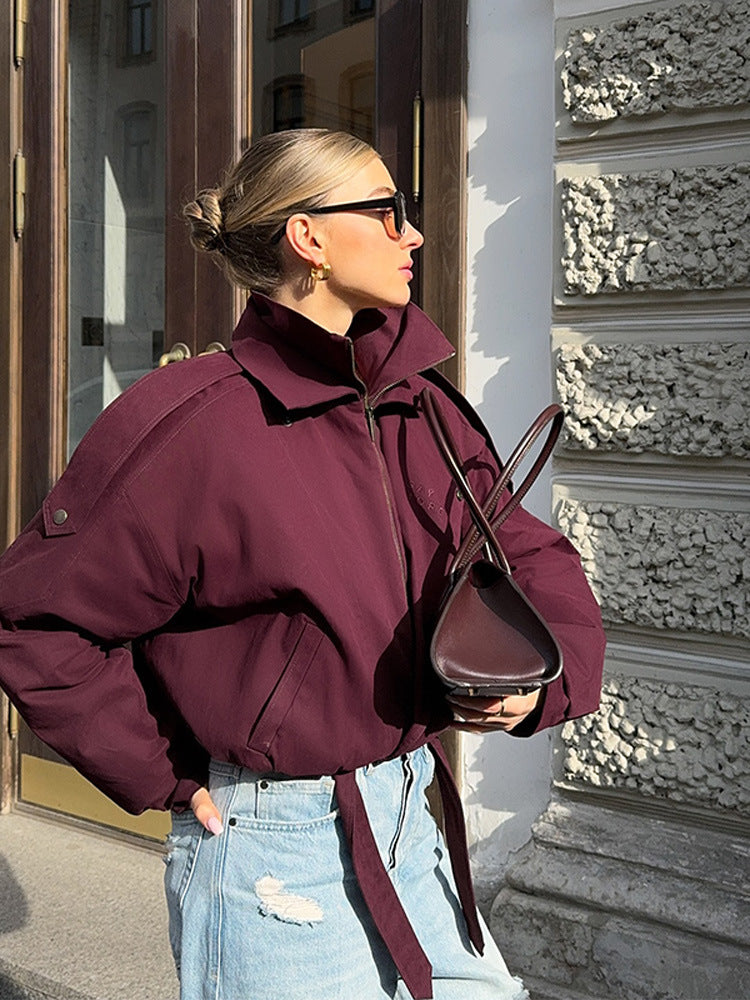 Damen moderne Oversized-Jacke mit Stehkragen und Taillengürtel EB