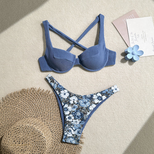 Damen Balconette-Bikini mit floralem Design und raffiniertem Träger EB