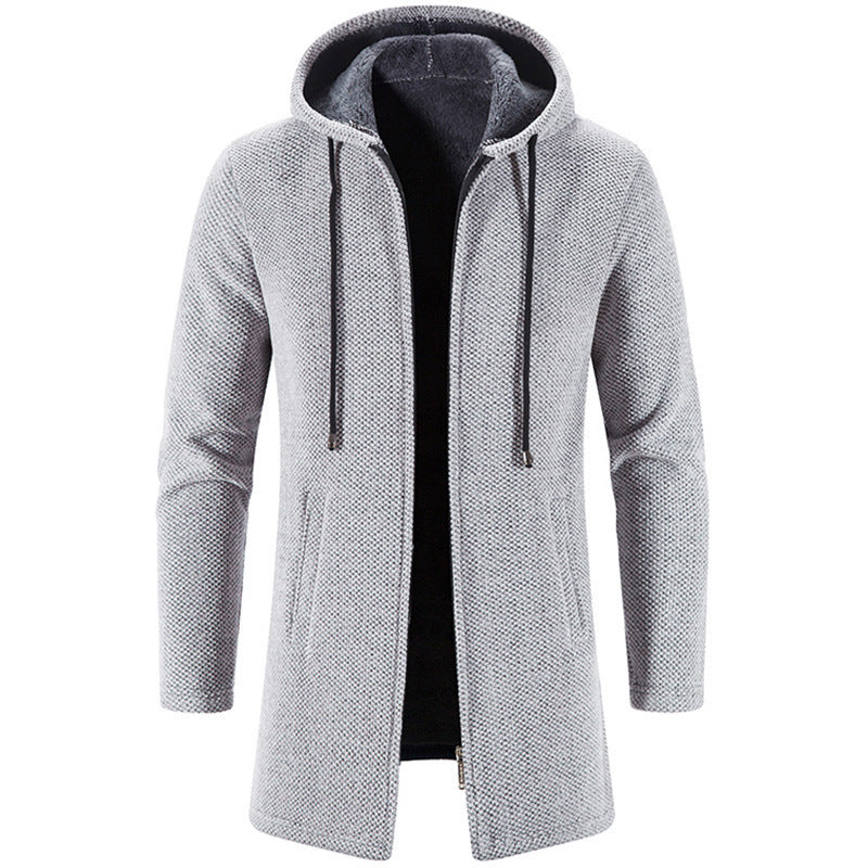 Herren nan langer Kapuzenstrickmantel mit Teddyfutter, durchgehendem Reißverschluss und seitlichen Eingrifftaschen EB