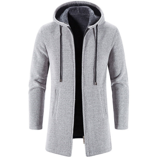 Herren nan langer Kapuzenstrickmantel mit Teddyfutter, durchgehendem Reißverschluss und seitlichen Eingrifftaschen EB