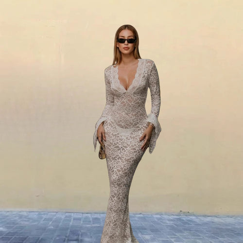 Damen Elegantes Spitzenkleid mit tiefem V-Ausschnitt und extravaganten Ärmeln EB