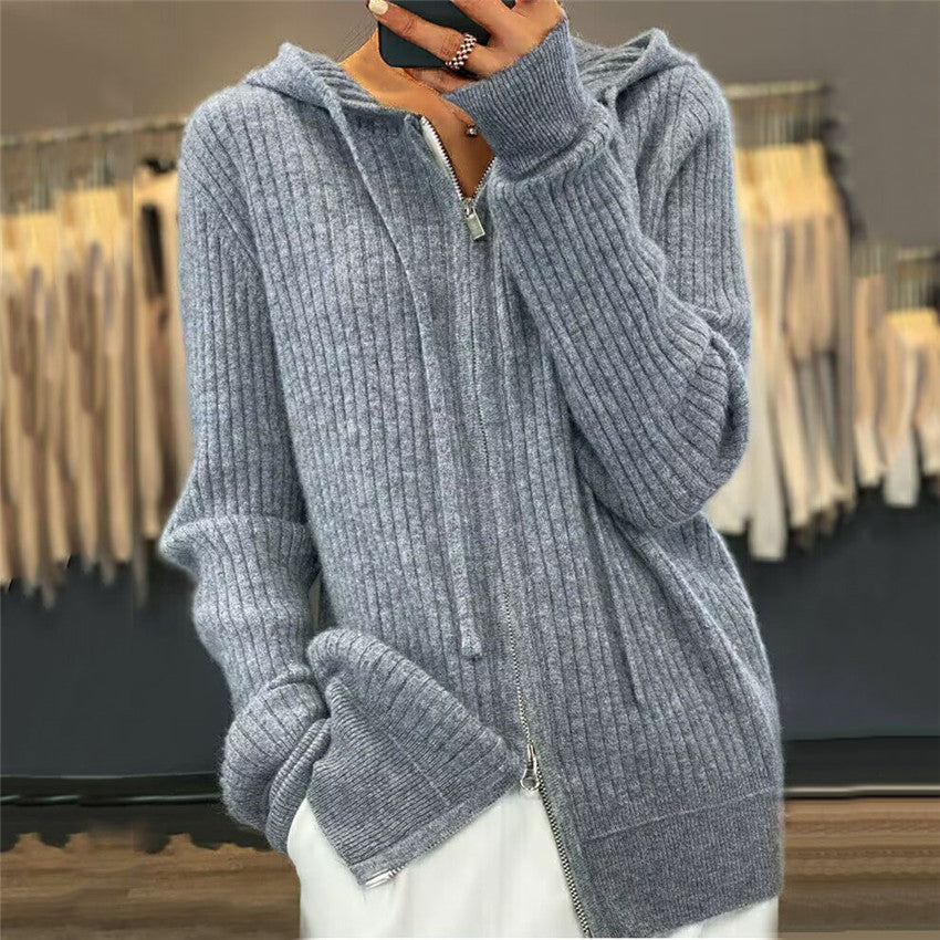 Damen nan oversized Rippstrick-Kapuzencardigan mit Zwei-Wege-Reißverschluss und Kaschmir-Blend EB
