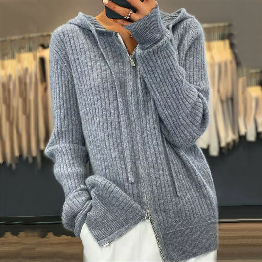 Damen nan oversized Rippstrick-Kapuzencardigan mit Zwei-Wege-Reißverschluss und Kaschmir-Blend EB