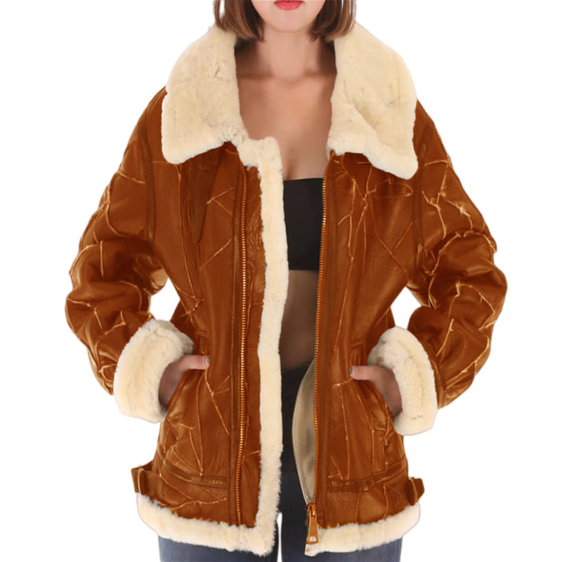 Damen lässige Kunstlederjacke mit warmem Fellkragen EB