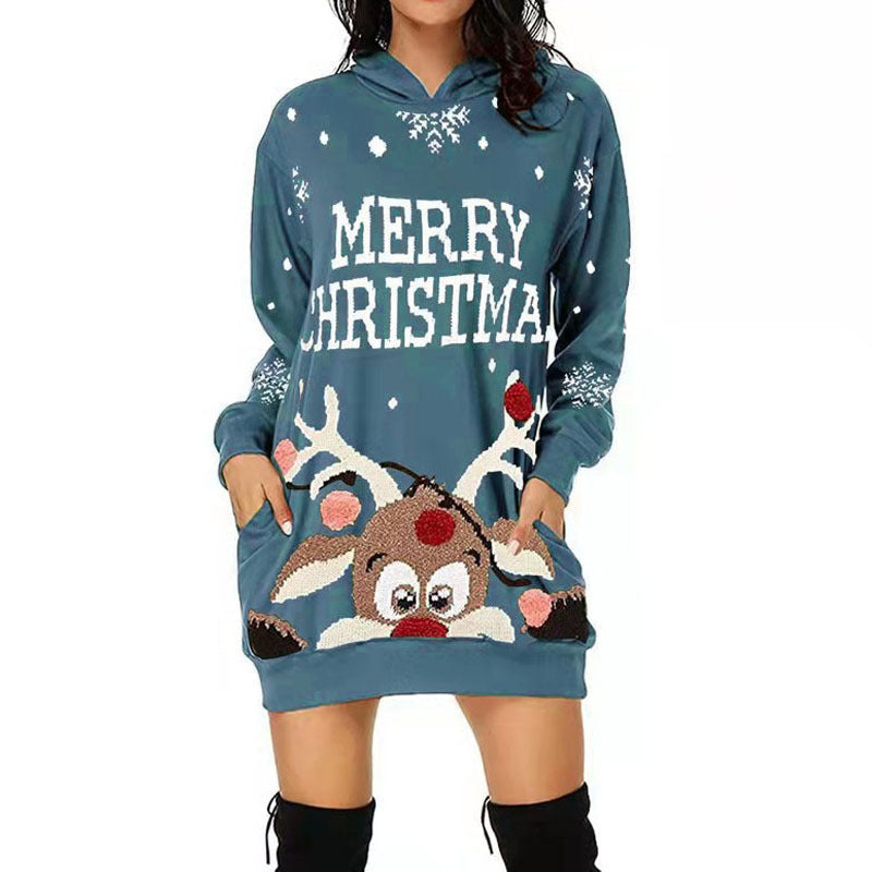 Damen Kapuzenkleid mit niedlichem Rentiermotiv und weihnachtlichem Schriftzug EB