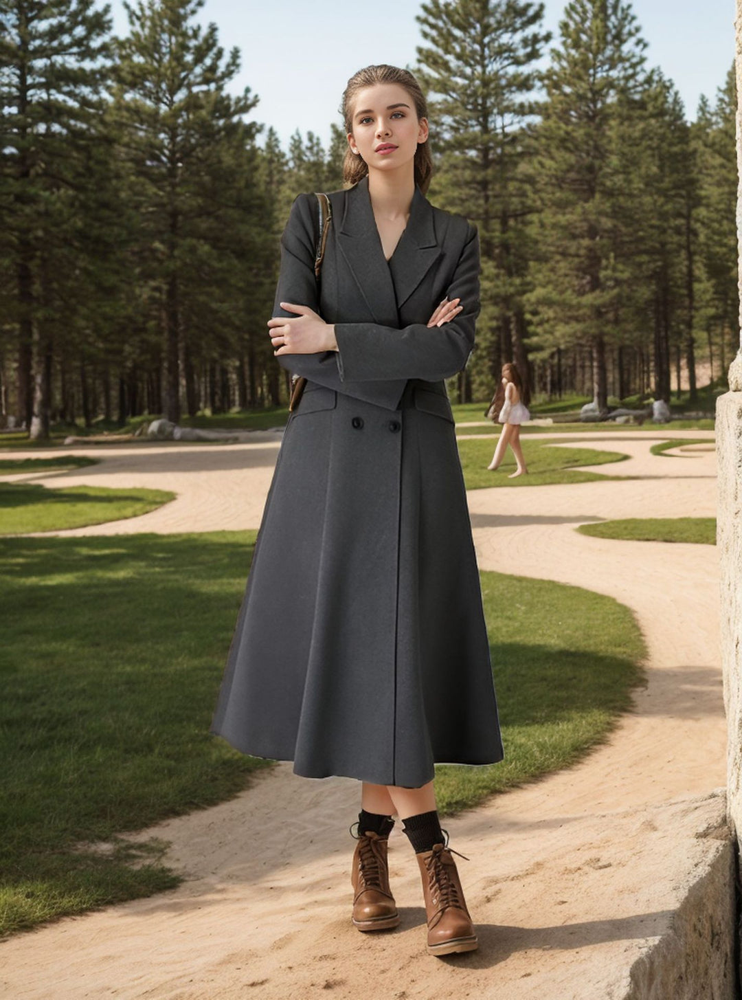 Damen eleganter Maximantel mit doppelter Knopfreihe und weit schwingendem Rock EB
