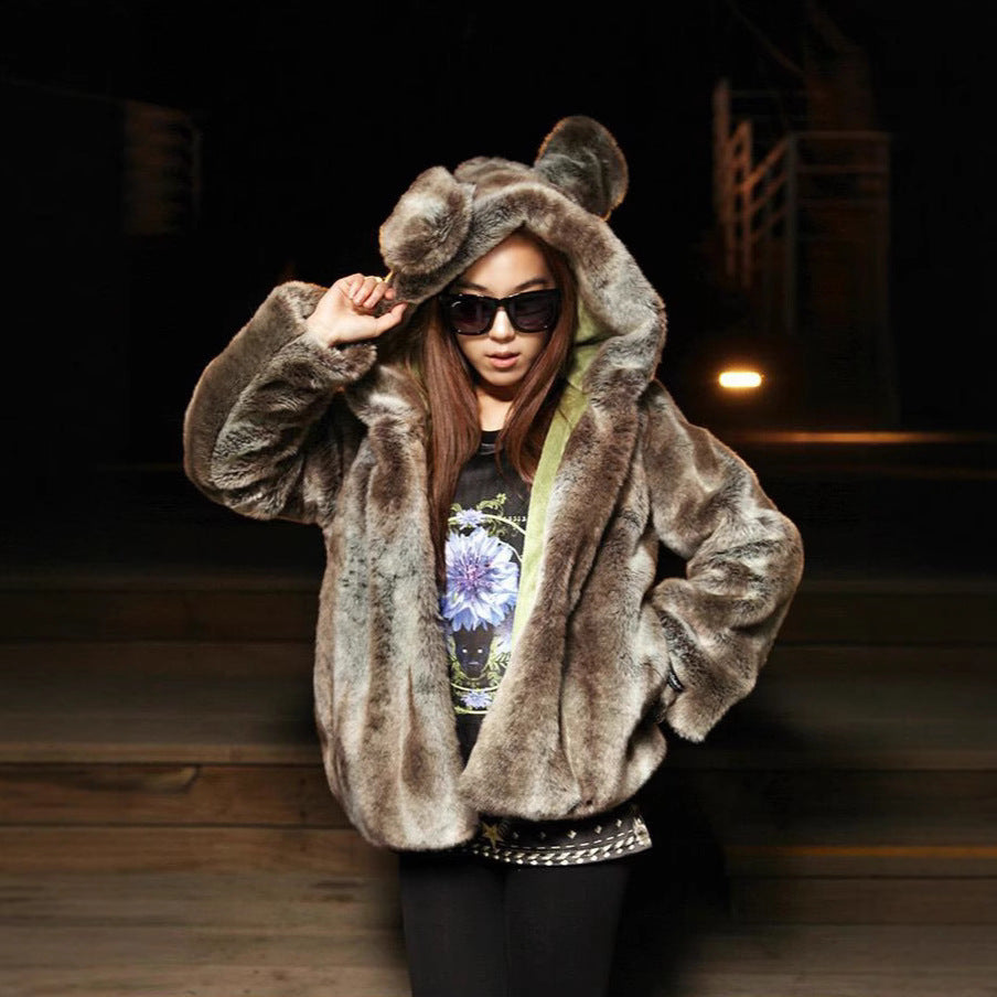 Damen Kuschelige Kunstpelzjacke mit verspieltem Ohren-Design EB