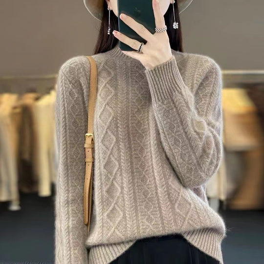 Damen Hochwertiger Strickpullover mit Stehkragen und Zopfdesign EB